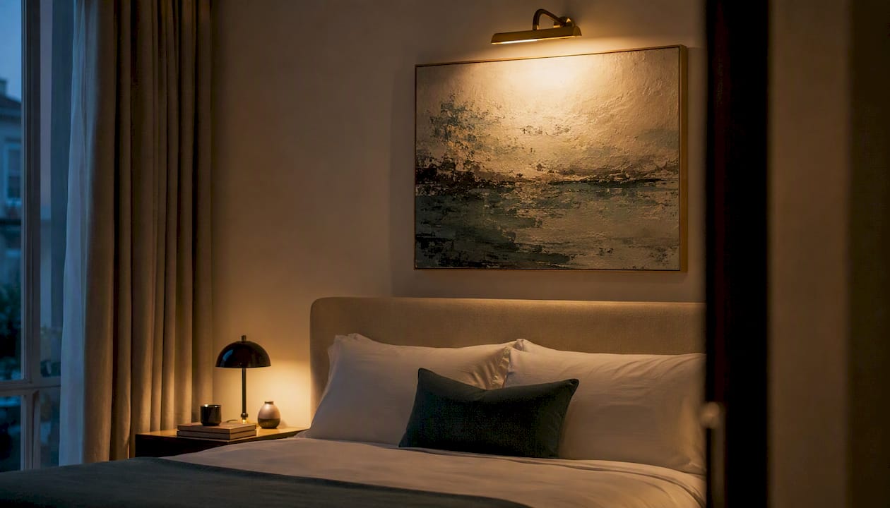 Picture light illuminating guest room wall art