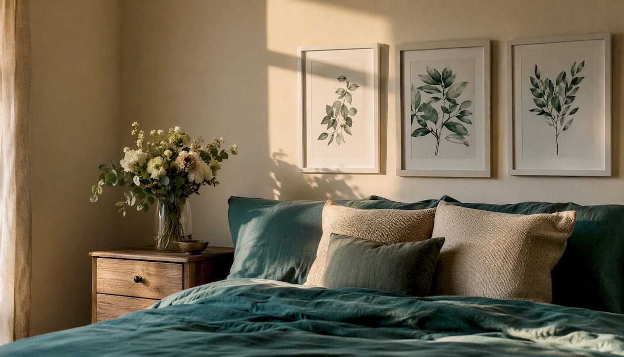 Botanical prints framed on guest room wall