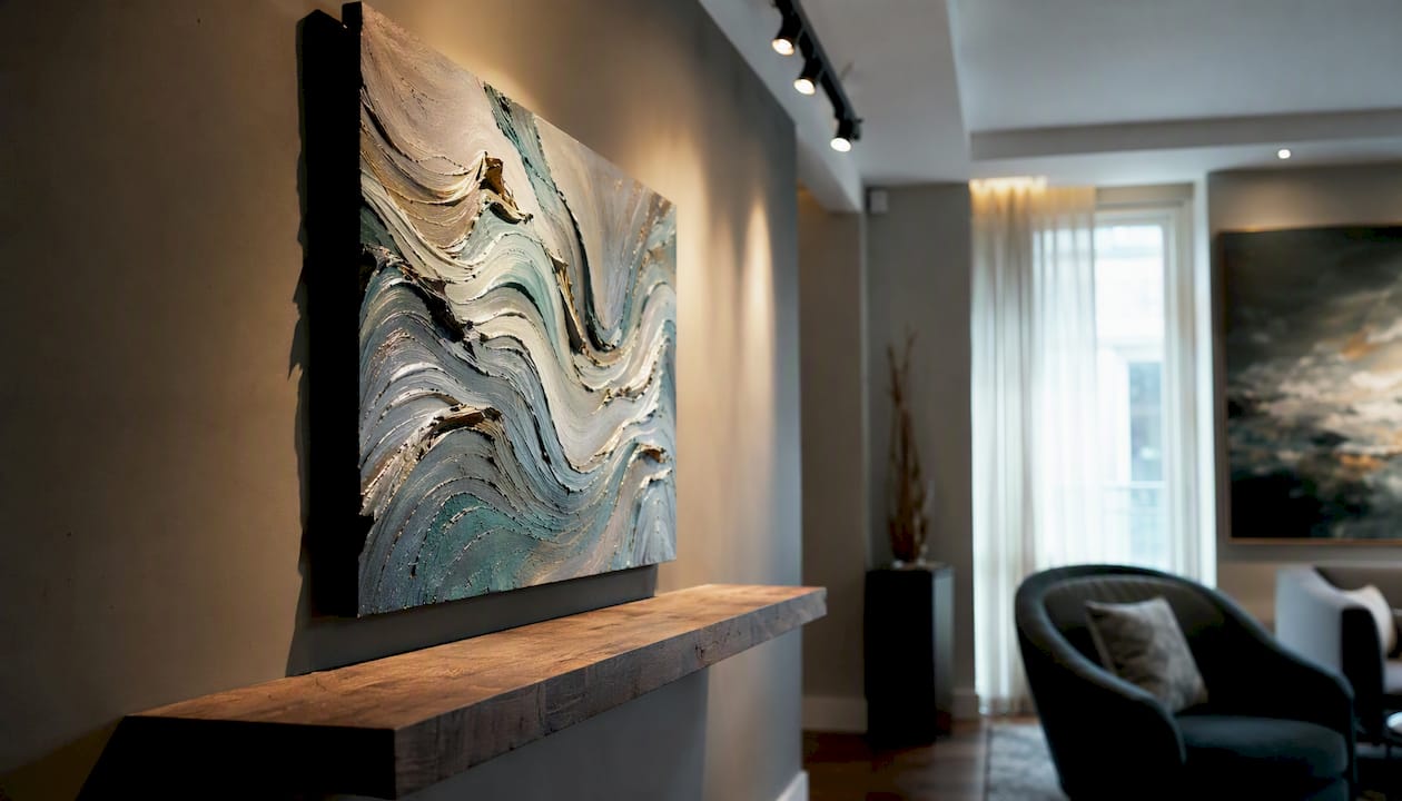 Sculptural artwork on floating shelf
