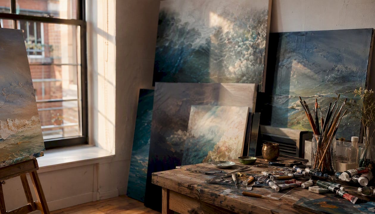 Artist studio corner with paintings and art supplies