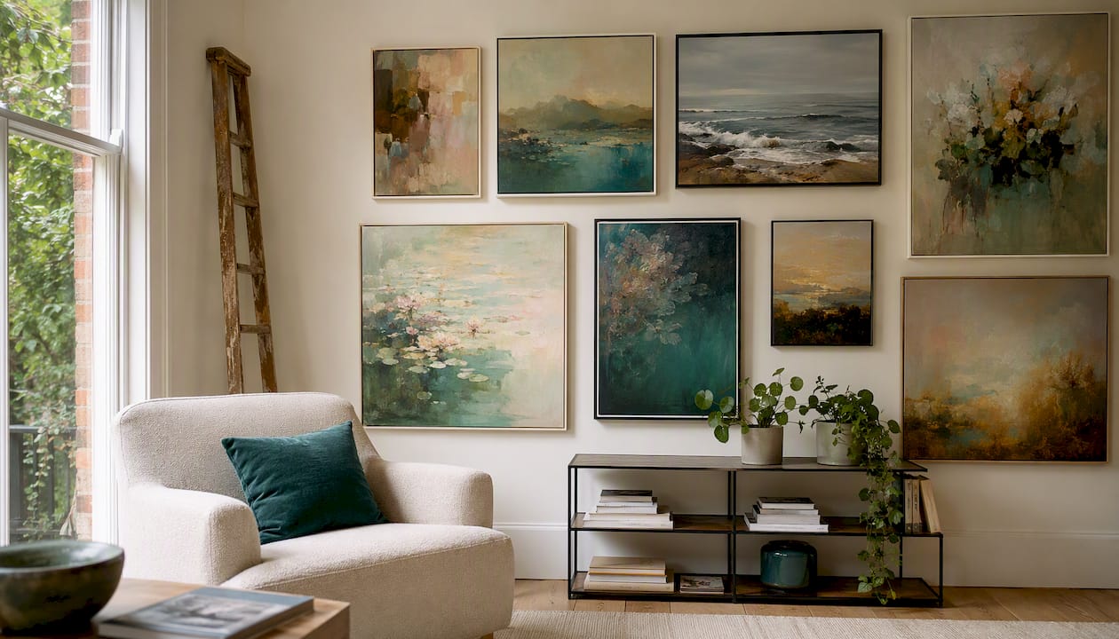 Gallery wall and floating shelves in a living room corner