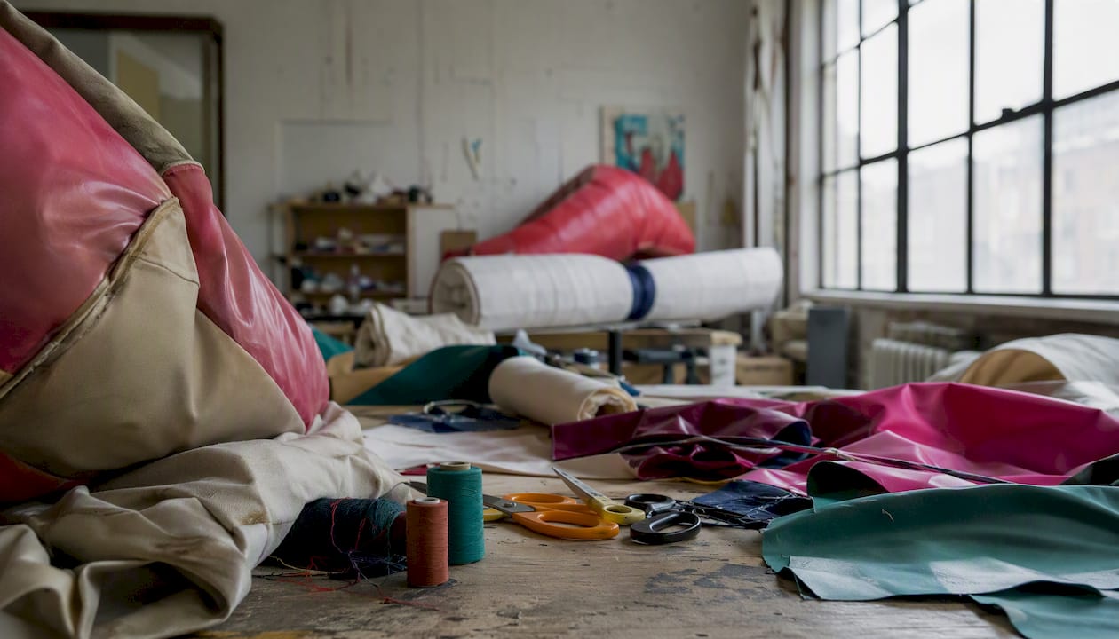 Studio workspace with soft sculpture materials