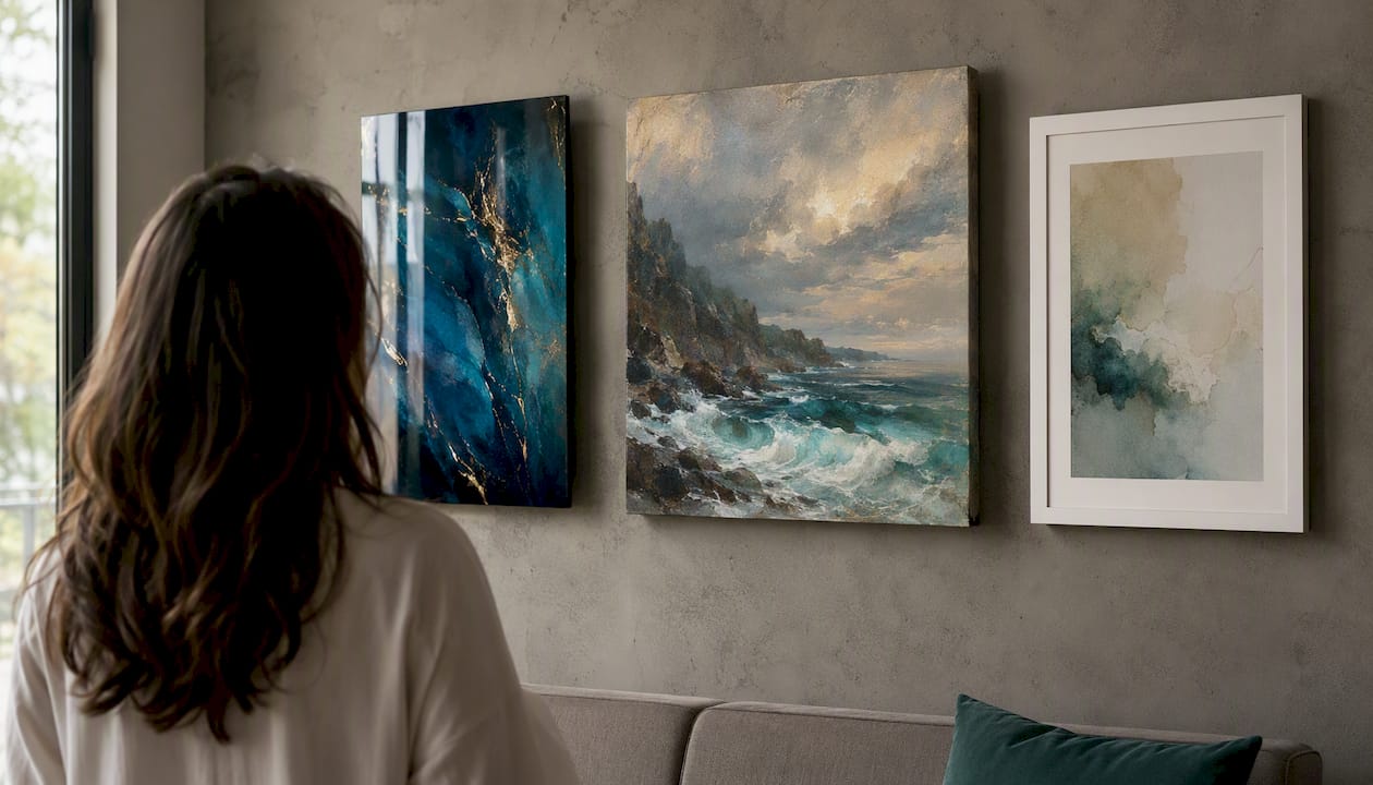 Close-up of canvas, paper, and acrylic art finishes
