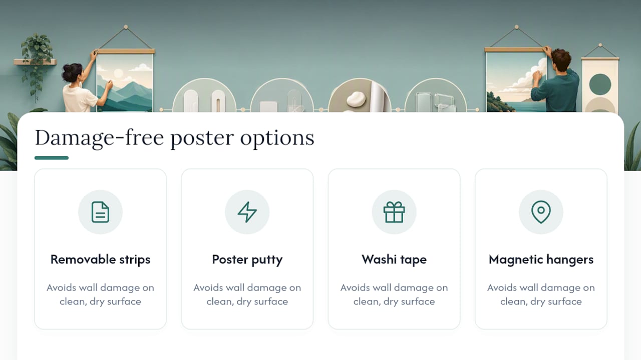 Diagram comparing poster hanging methods by damage and residue