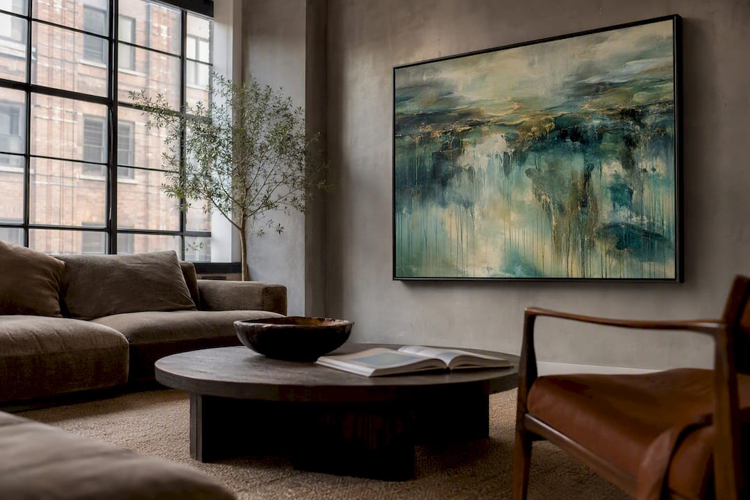 Abstract painting in walnut floating frame in room