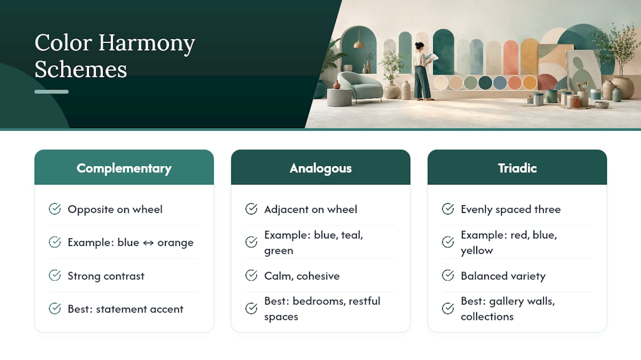 Diagram comparing complementary, analogous and triadic color schemes