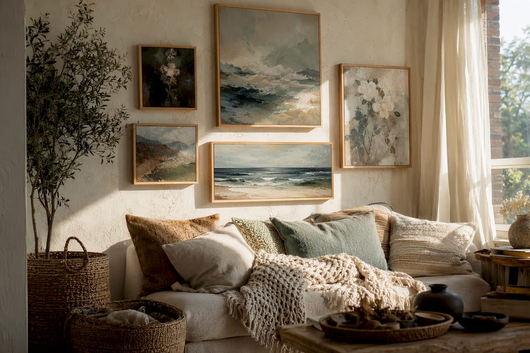 Boho room with contemporary paintings and natural decor
