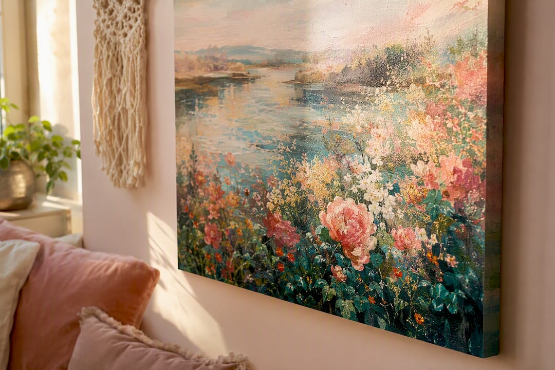 Close-up of giclée print on canvas in boho room