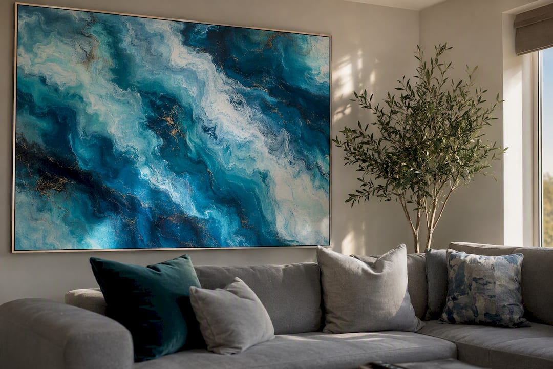 Fluid abstract seascape painting in a living room