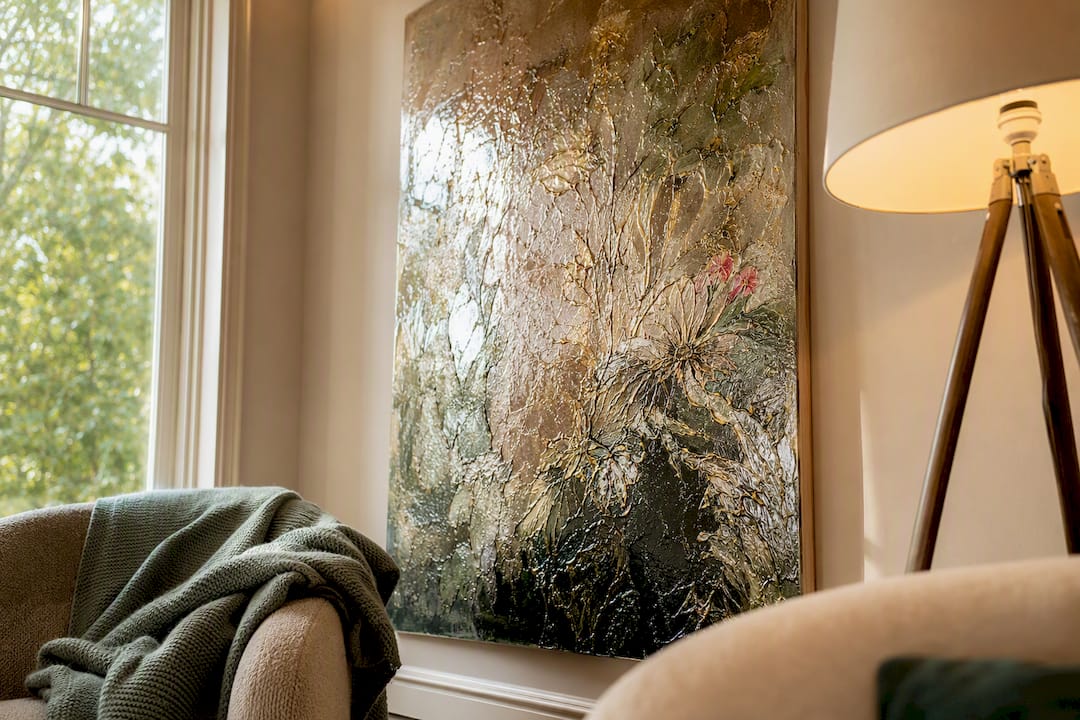 Textured mixed media wall art with natural light