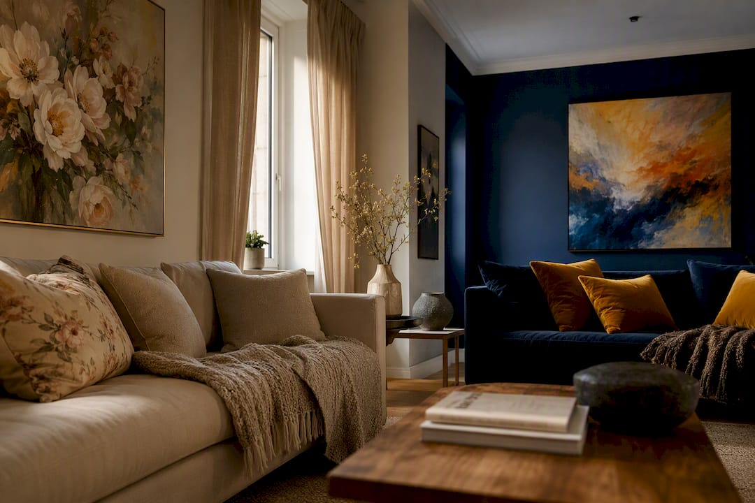 Two living room corners showing tonal and contrasting palettes