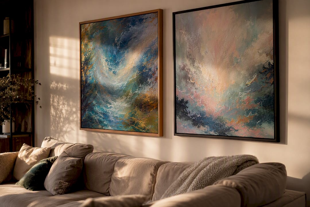 Textured wall art with black and wood frames in living room