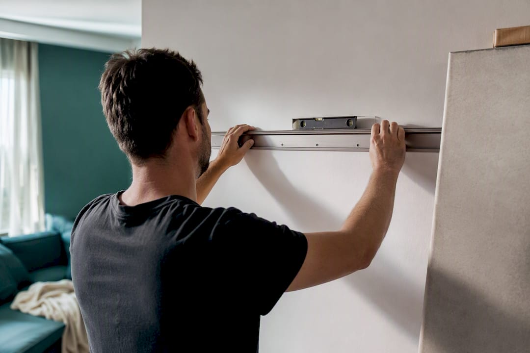 Installer securing a French cleat for wall art