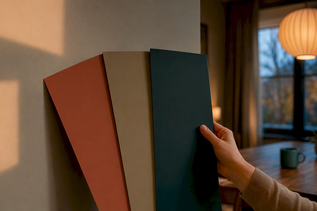 Hands comparing paint swatches in dining room
