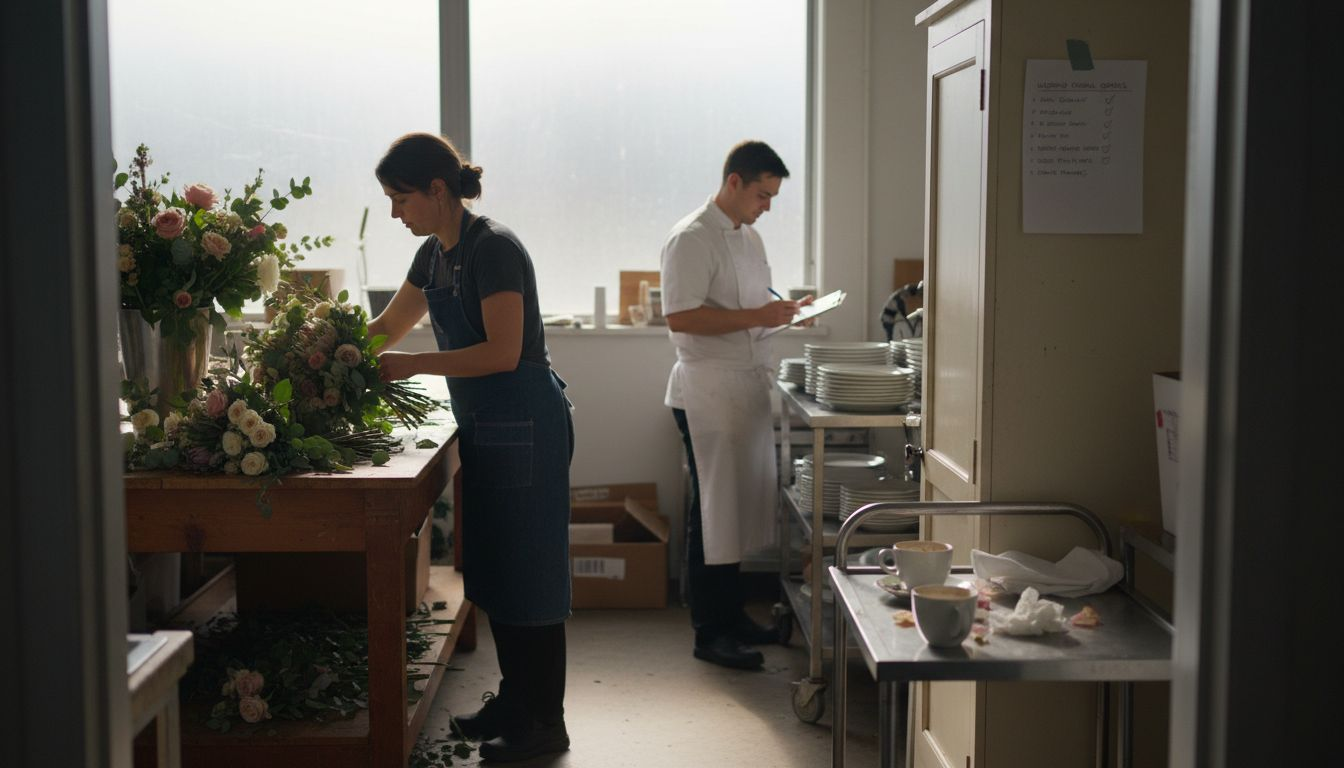 Florist and chef preparing for wedding event