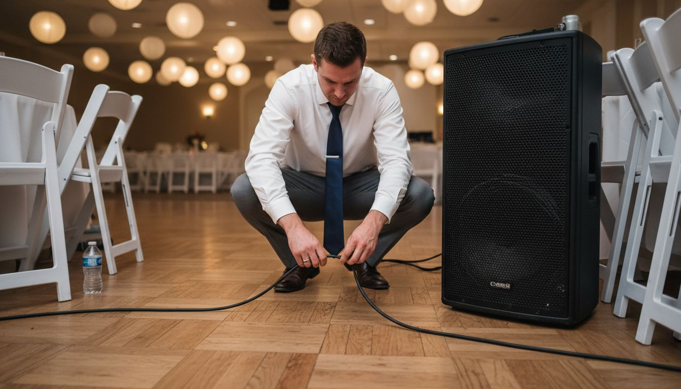 DJ prepping wedding sound equipment on floor