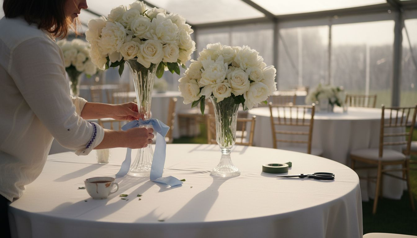 Stylist arranging luxury wedding centrepiece