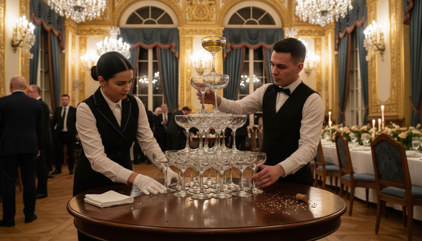 Attendants assemble champagne tower at event