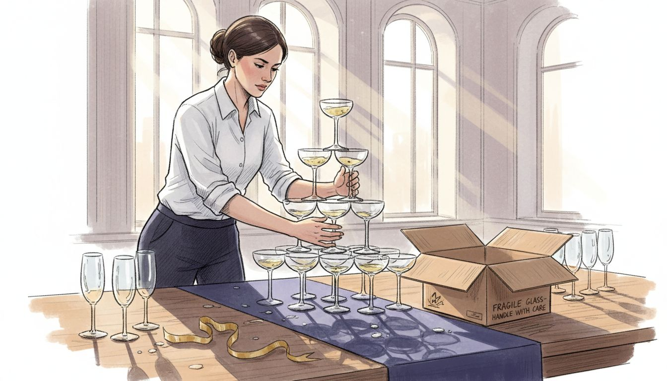 Staff arranging sustainable champagne tower display