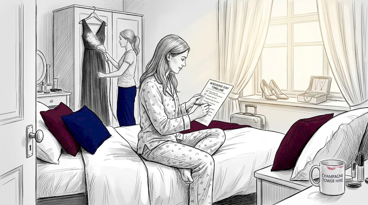 Bride reviewing wedding morning timeline in bedroom