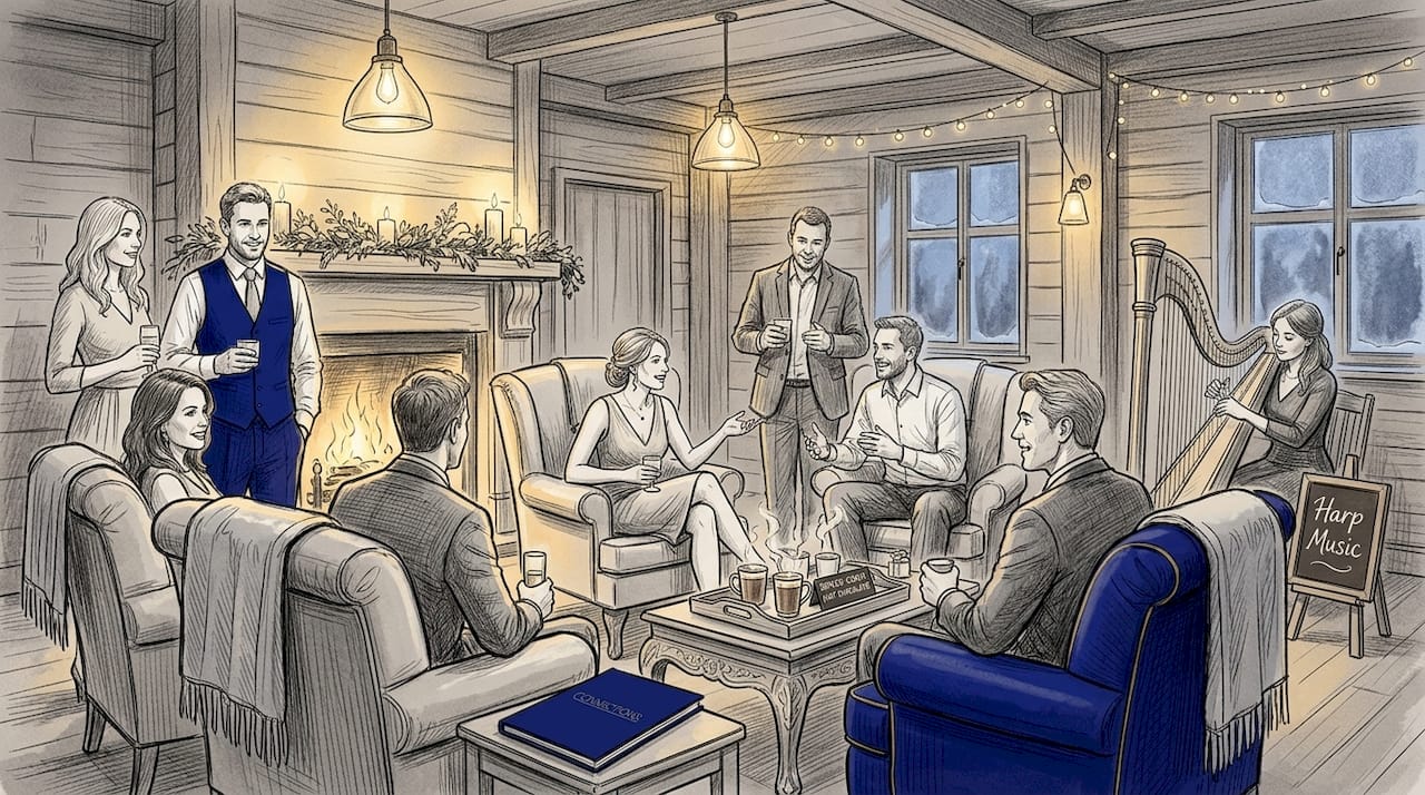 Guests enjoying entertainment at cozy winter wedding