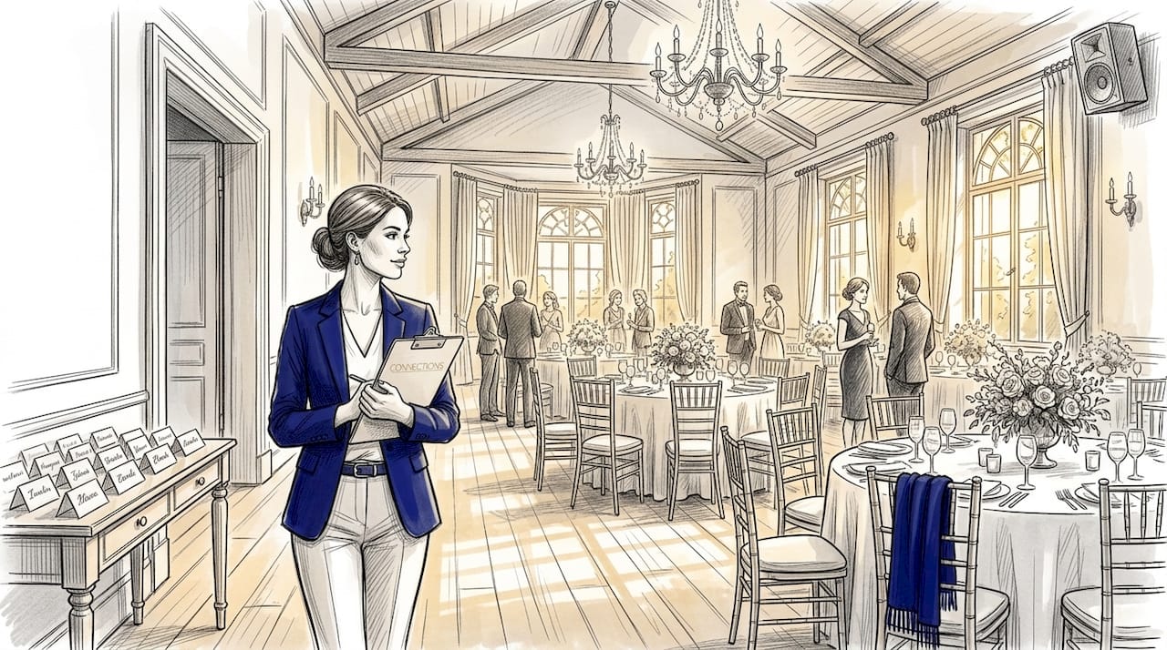 Wedding planner checks tablet as guests arrive