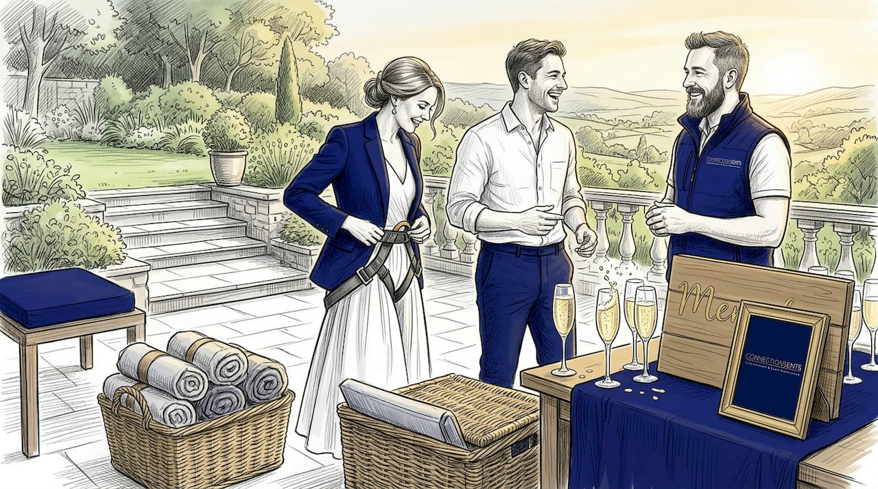Couple preparing for outdoor wedding adventure activity