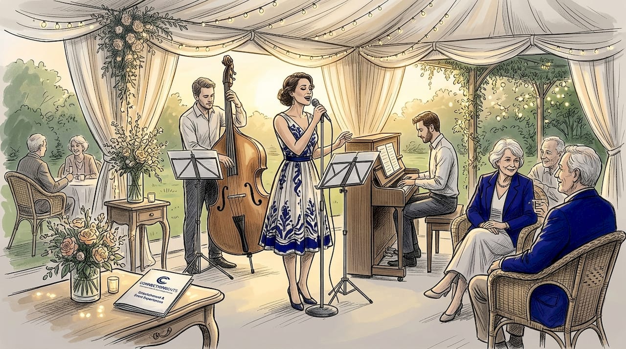 Jazz trio playing for seated wedding guests