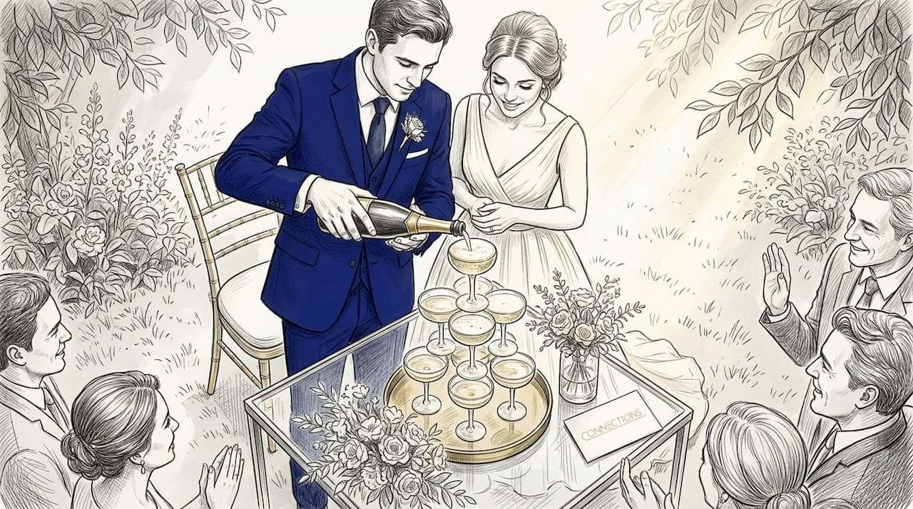 Couple pours champagne into tower at wedding