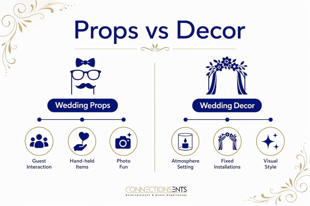 Infographic comparing wedding props and wedding decor