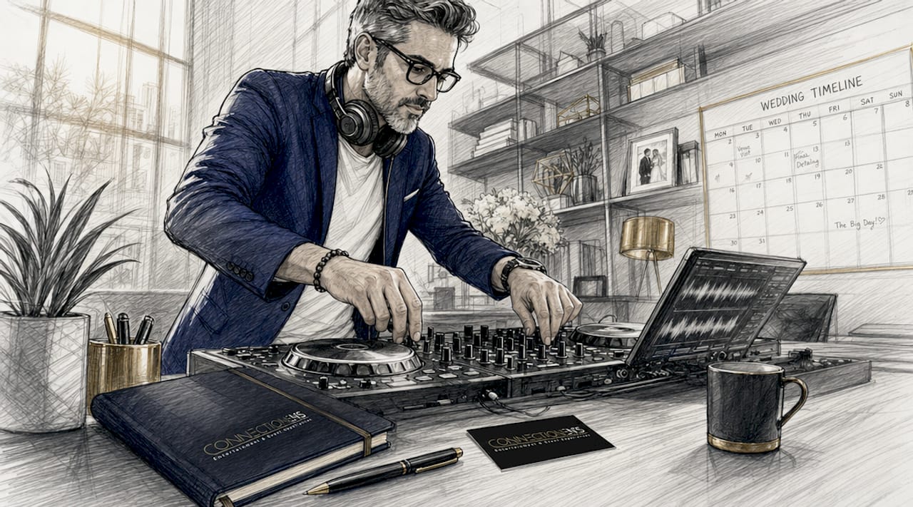 DJ preparing entertainment playlist at studio