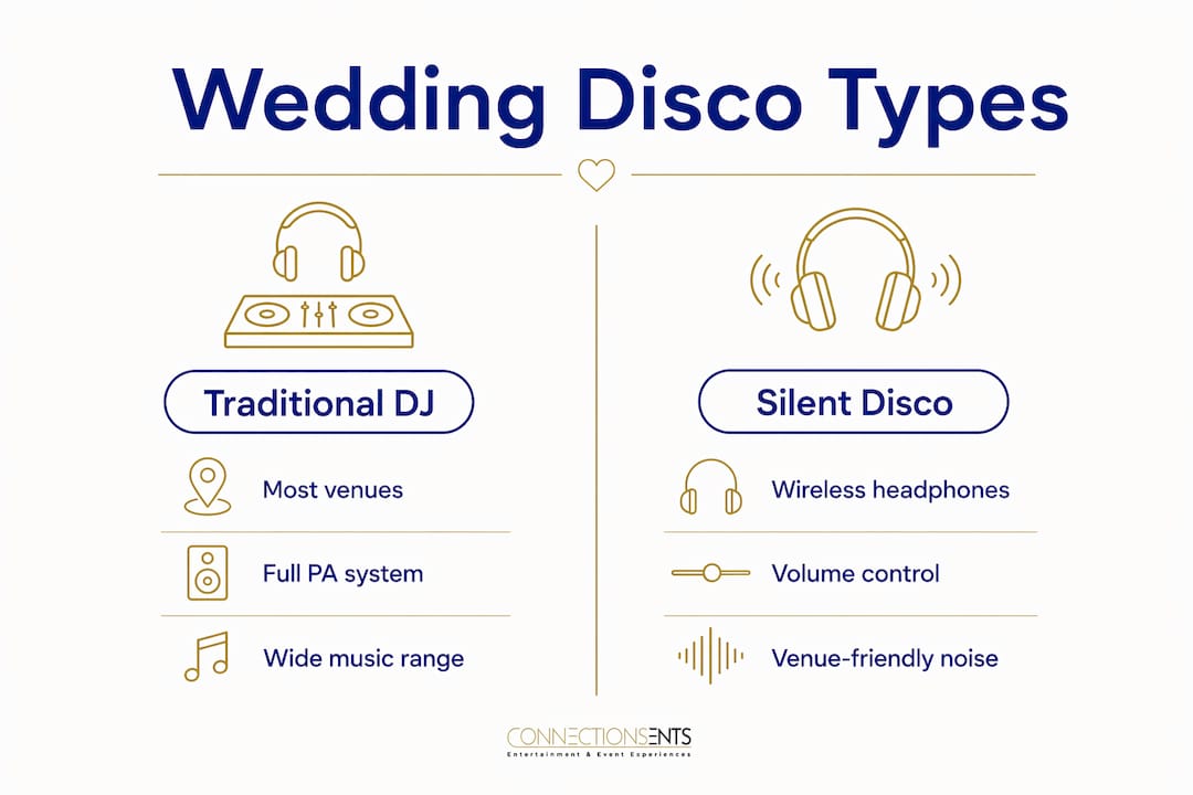 Infographic comparing traditional DJ and silent wedding discos
