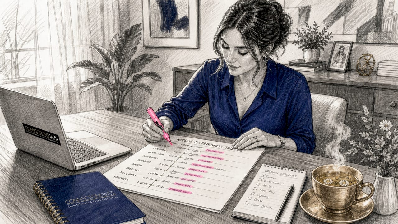 Wedding planner reviewing entertainment timeline document