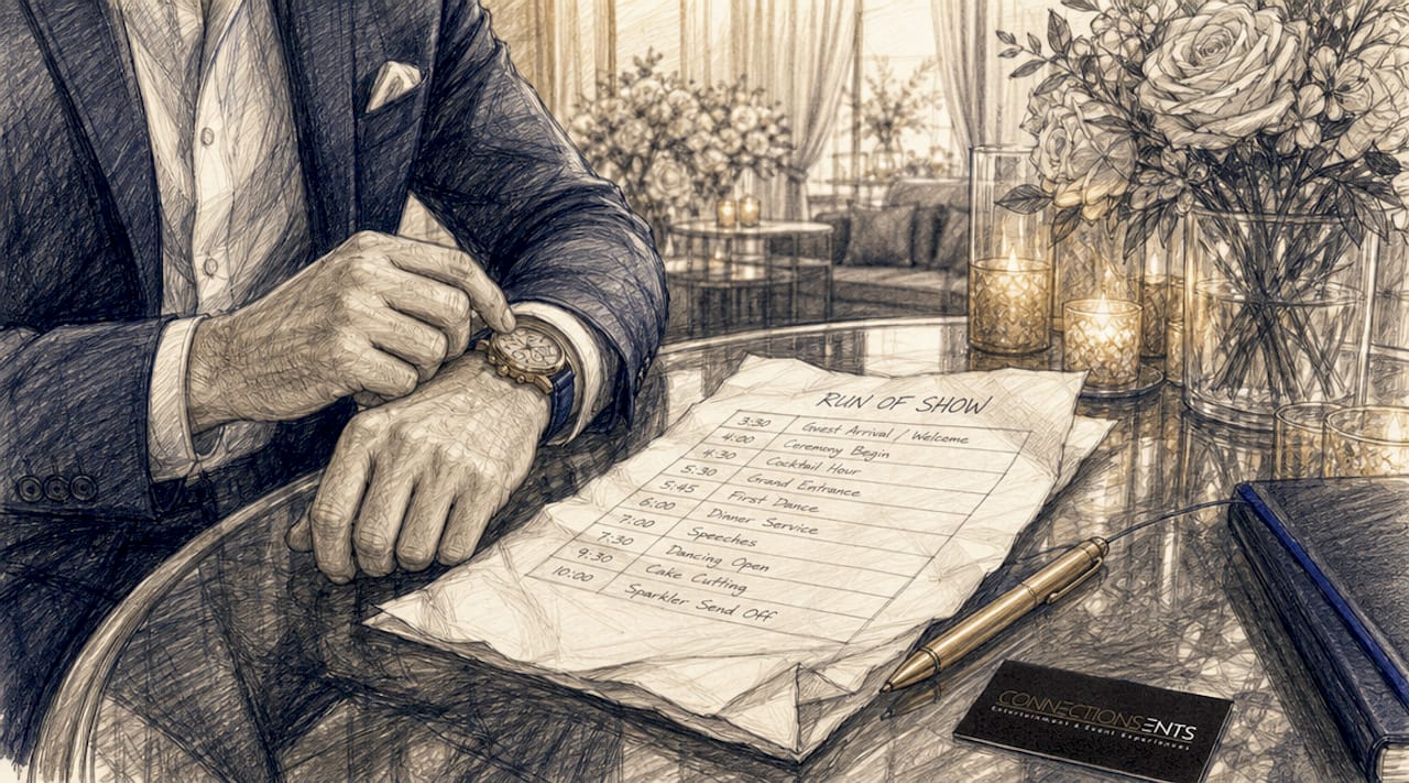Hands managing wedding timing schedule