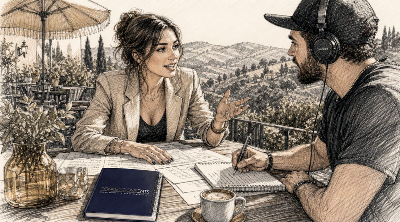 DJ and planner having outdoor consultation meeting