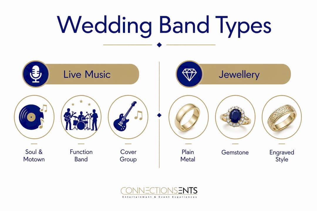 Infographic comparing live wedding bands and jewellery types