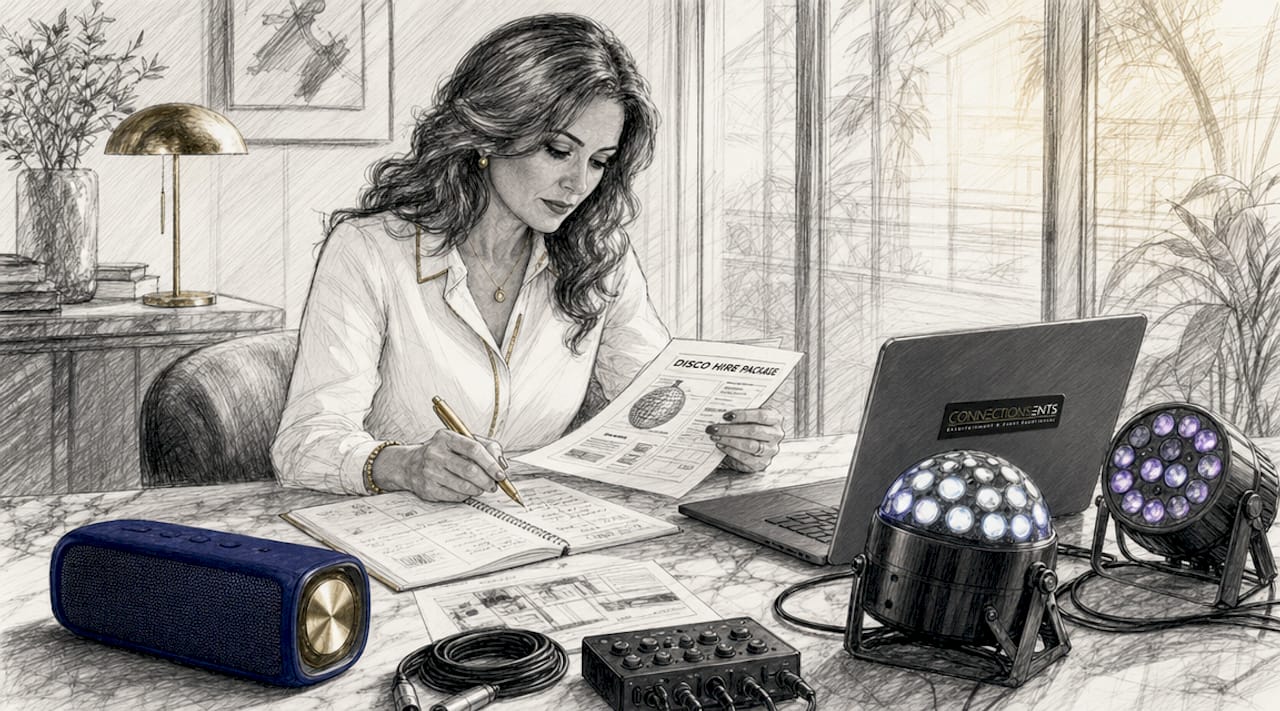 Event planner reviewing disco hire documents and equipment