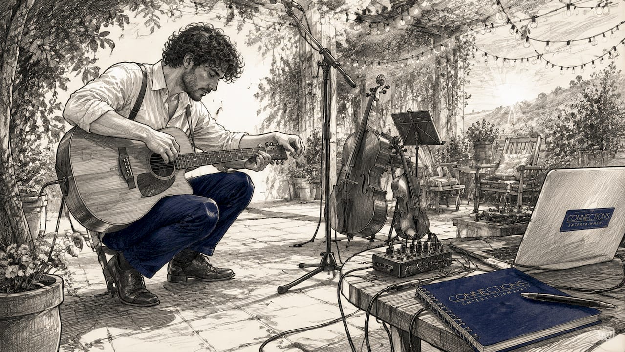 Musician tuning guitar on wedding reception stage