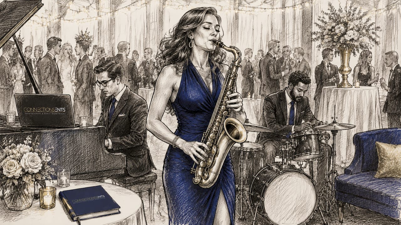 Jazz trio preparing for wedding cocktail hour