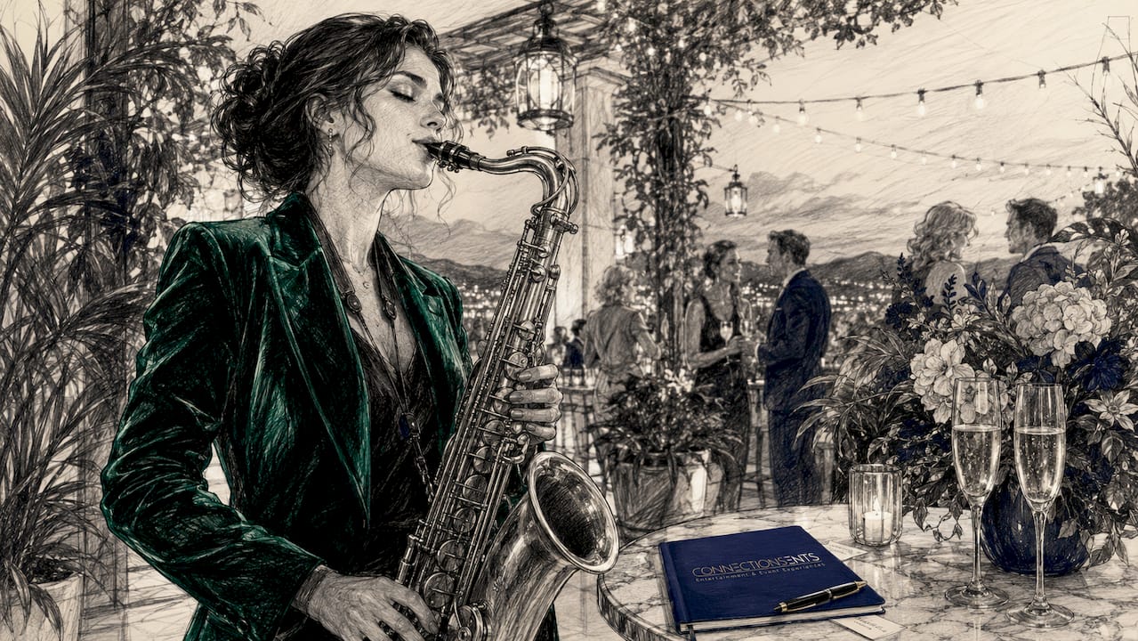 Female saxophonist playing solo at cocktail hour
