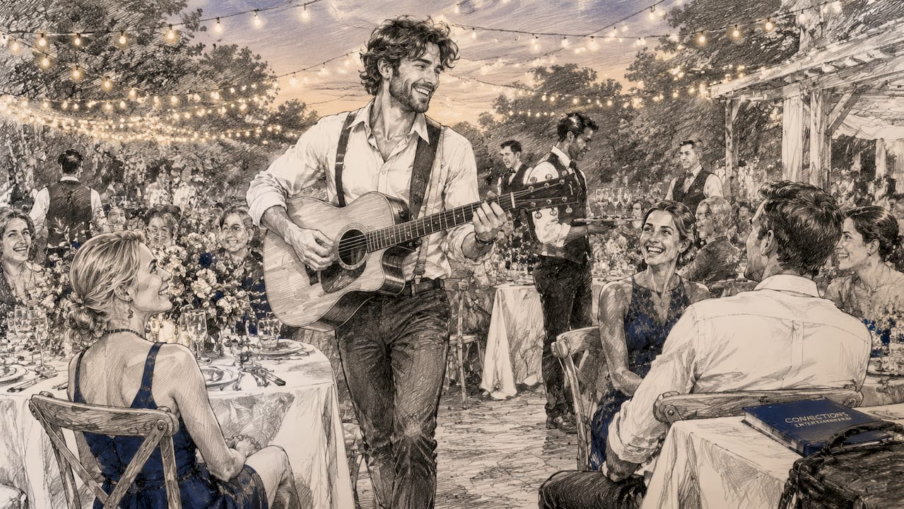 Musician entertaining guests at wedding banquet