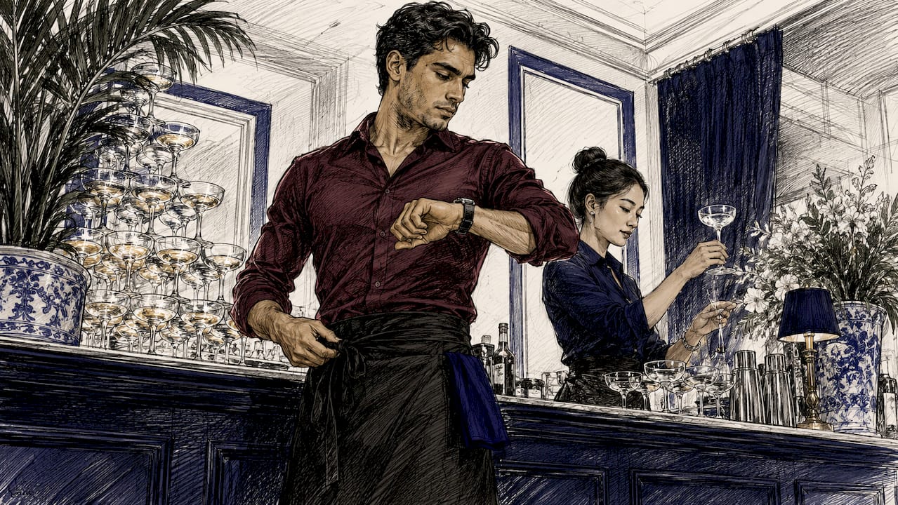 Bartenders preparing and confirming bookings at event bar
