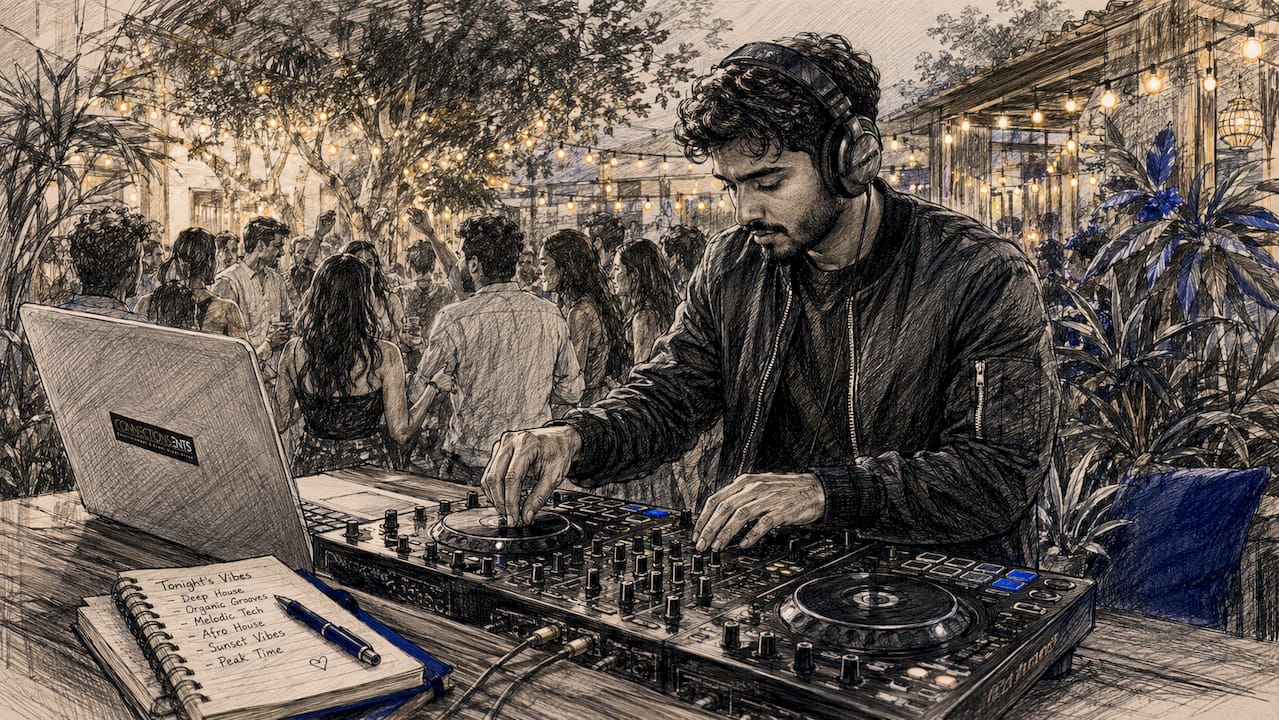 DJ mixing music and reading crowd energy indoors