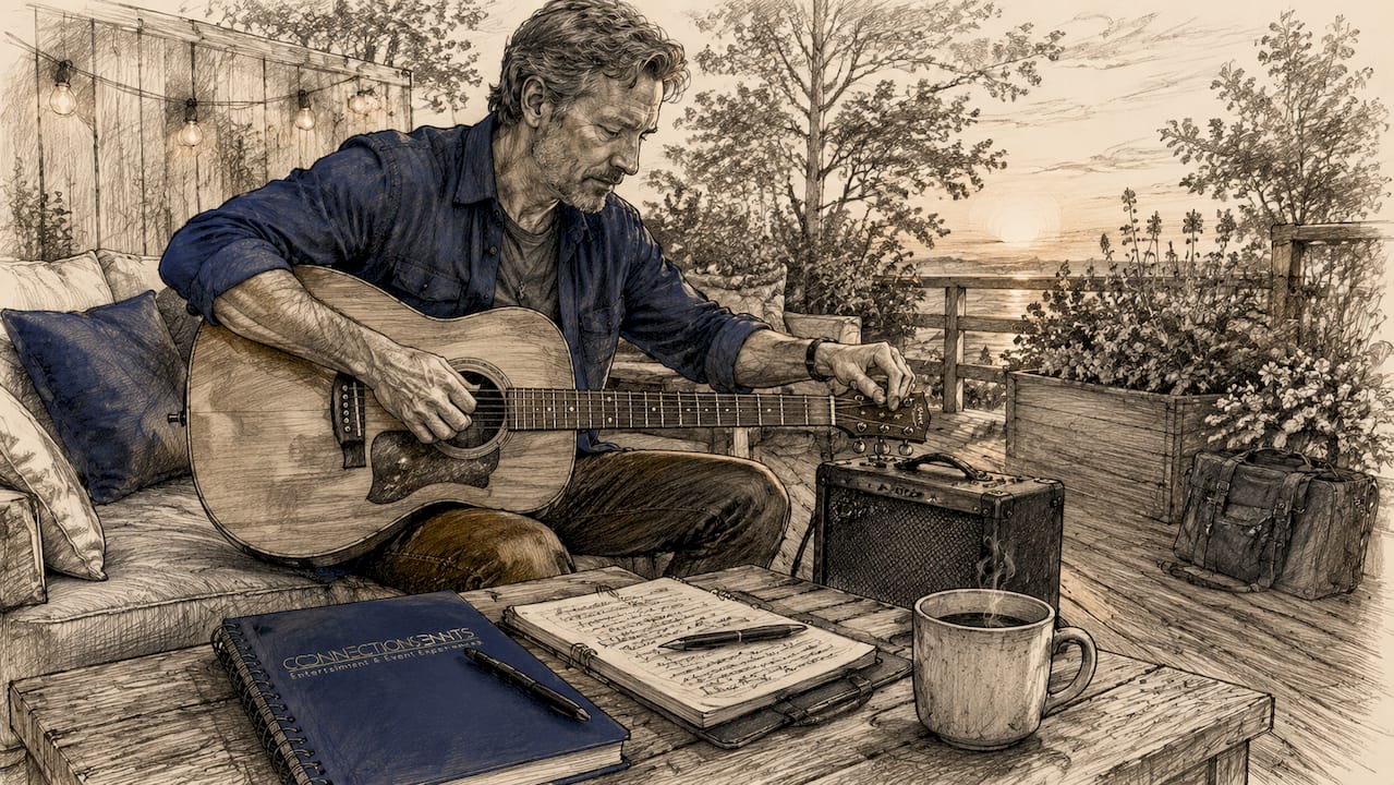 Musician tuning guitar for vow renewal