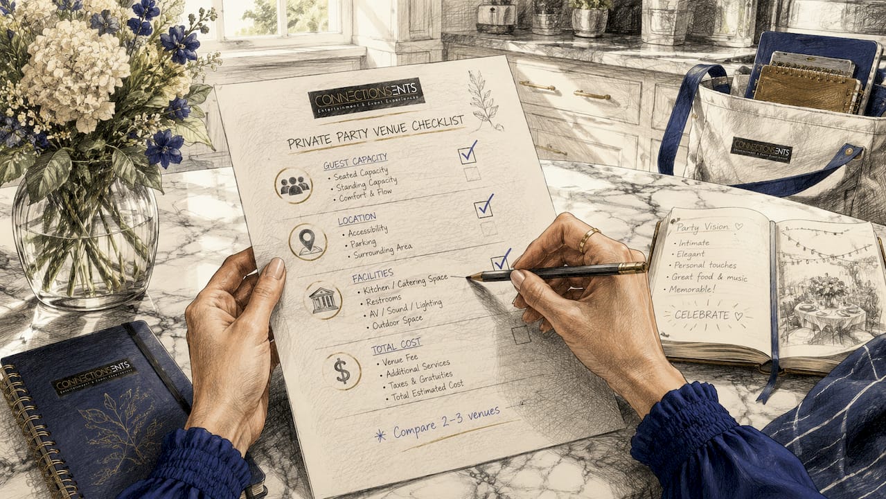 Hands reviewing venue selection checklist document