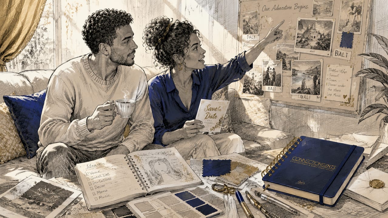 Couple planning themed wedding reception details