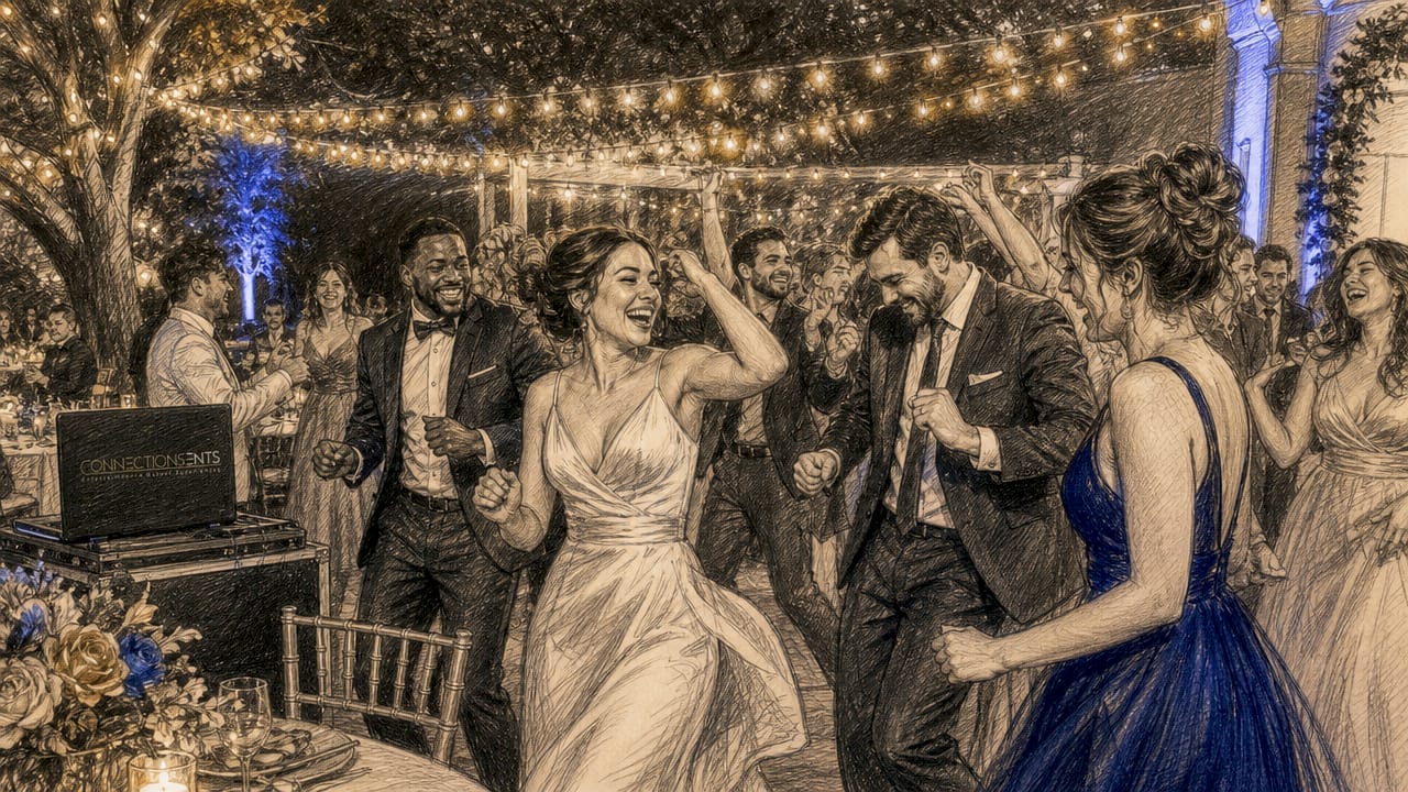 Guests dancing under colorful wedding dance floor lights