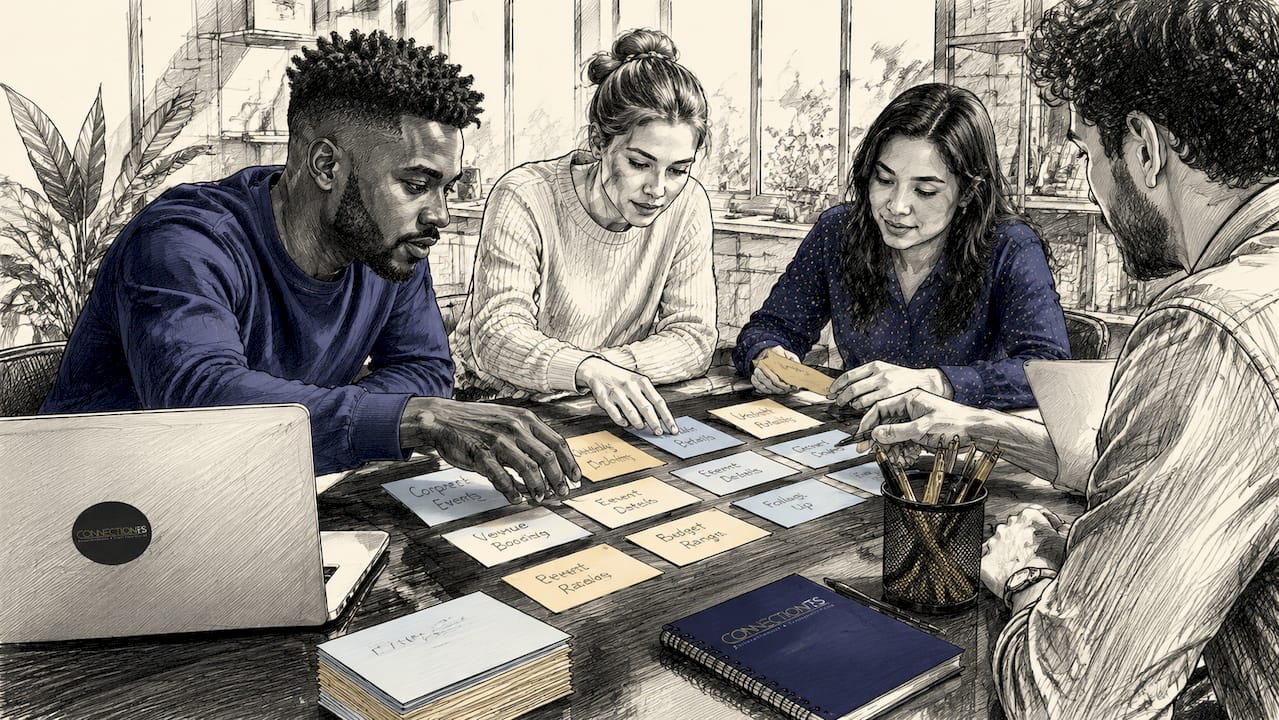 Team organizing venue enquiries on desk from overhead