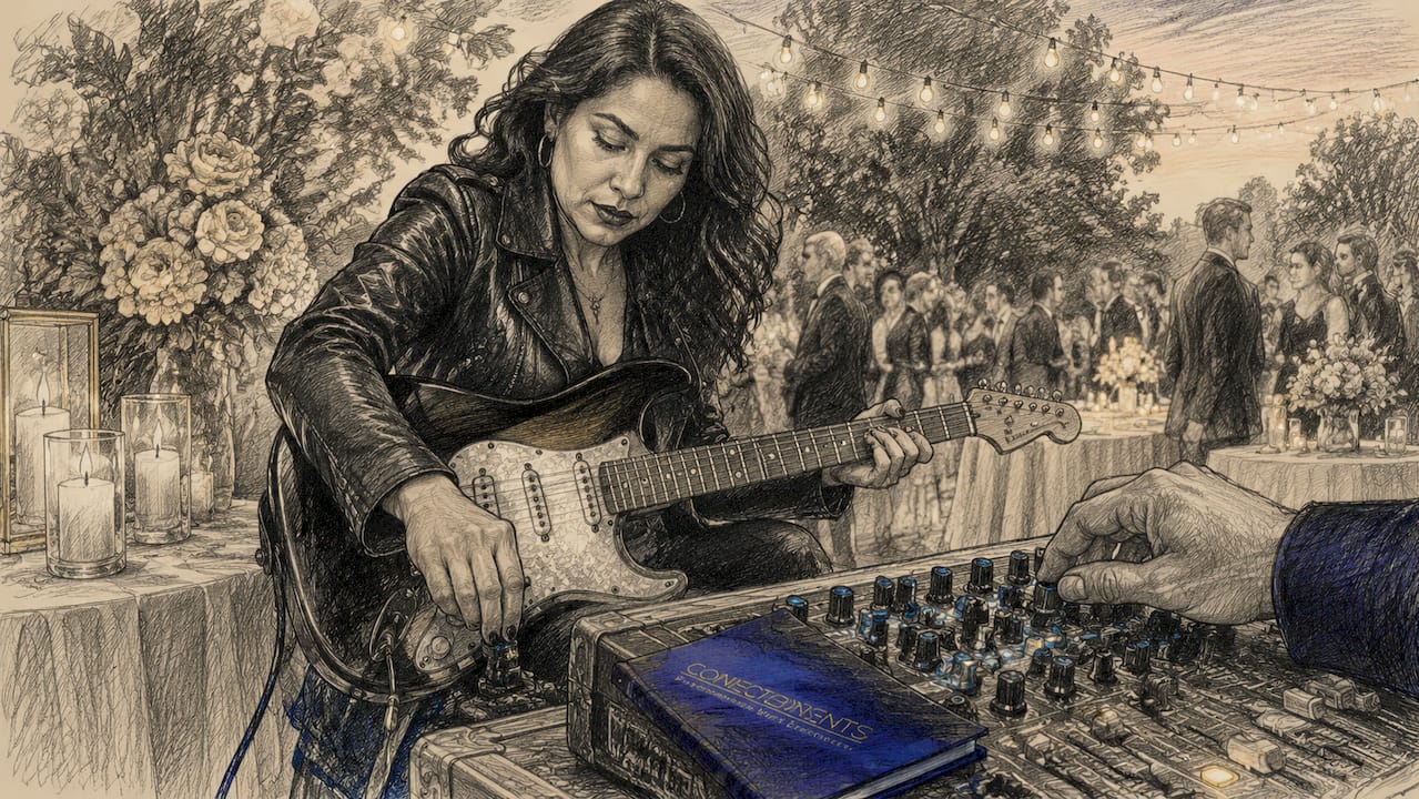 Female musician tuning guitar outdoors at event