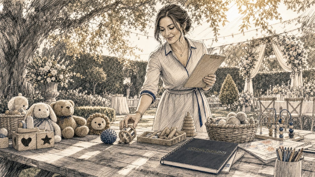 Childcare professional arranging activities at wedding